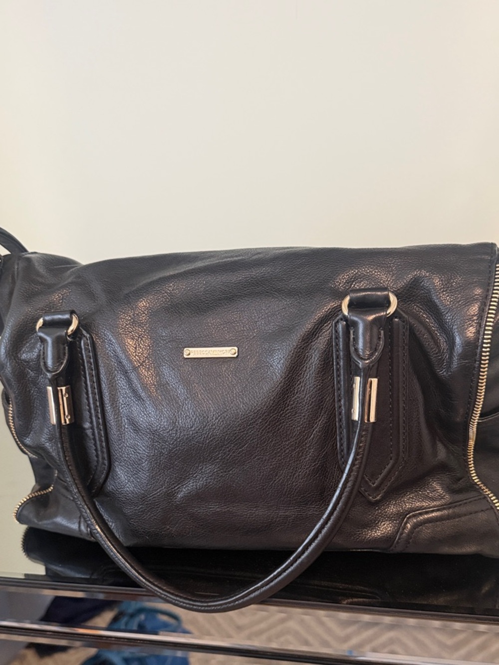 Rebecca Minkoff Black Leather Fold-Over Satchel with Gold Hardware - Picture 2 of 10